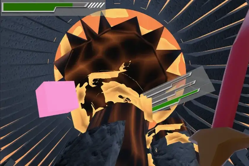 Facing Helios mid-fight, weapon raised
