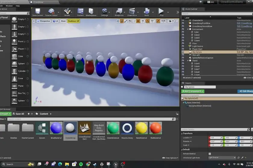 A crowd of agents lined up in the Unreal editor viewport