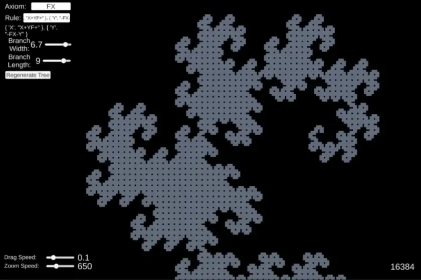 A dragon curve beside the rule and angle controls