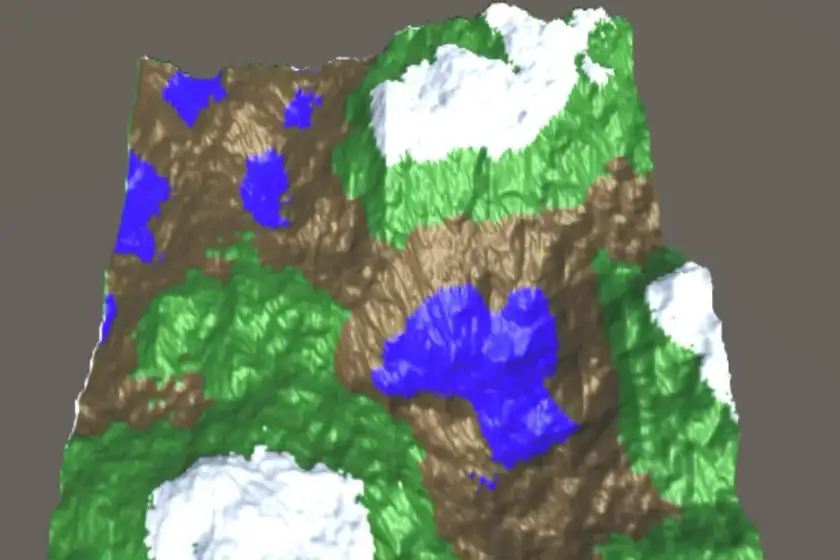 Generated 3D terrain with lakes, forest, and snow-capped peaks