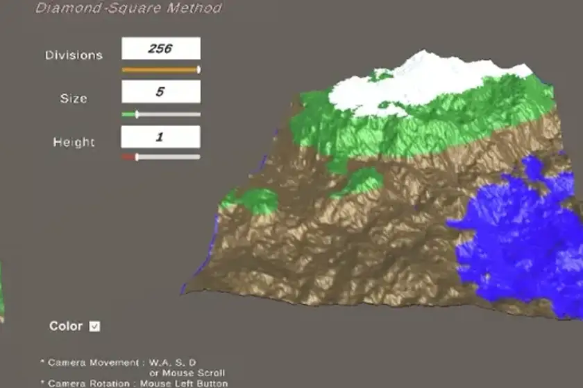 Diamond-Square terrain beside its parameter controls