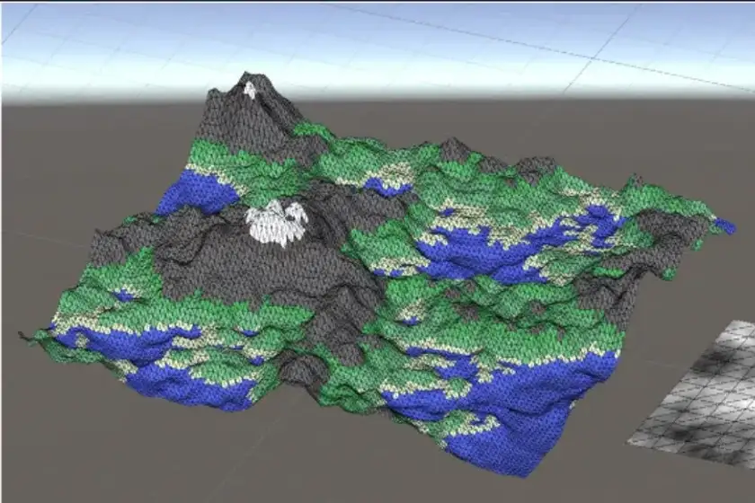 A generated island viewed from a low angle
