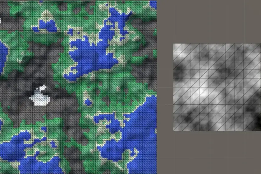Top-down noise map next to the greyscale height data behind it