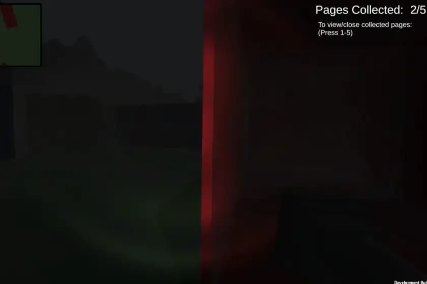 The red-lit exit door with the collected-pages counter on screen
