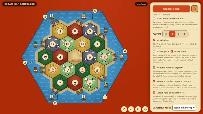 The live generator: a balanced board beside fairness controls